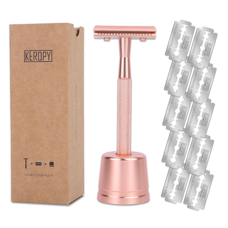 Keropy Double Edge Safety Razor For Woman With Stand and 10 Premium Stainless Steel Reusable Safety Razor, Razors For Shaving, Rose Gold - Image 1
